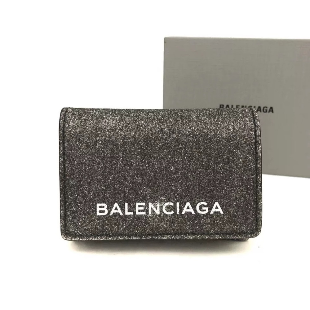 Authentic BALENCIAGA Logo Glitter Leather Trifold Wallet Black with box - Picture 1 of 15